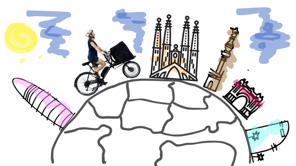 Ilustración de Florster con una mensajera en bicicleta con mochila llena de flores para entregar en Barcelona con Torre Agbar, Sagrada Familia, Colon, Arc de Triunf y Hotel Vela.