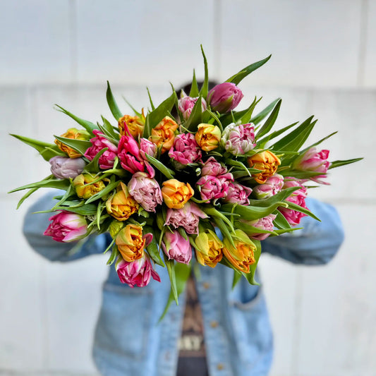Tulipanes amarillos, naranjas y rosados